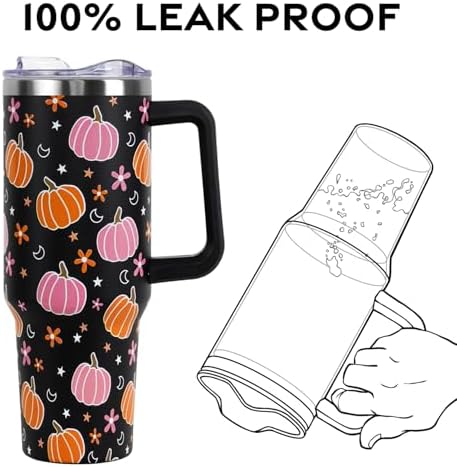 Halloween Tumbler with Lid and Straw 40oz,Pink Pumpkin Star Moon Vacuum Insulated Leak Proof Fall Tumbler,Goth Cute Spooky Gift Women Girls,Halloween Accessories Stainless Steel Coffee Cup - Image 5