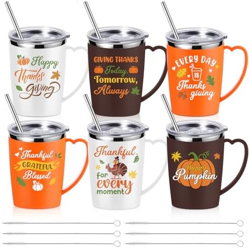 6 Pcs Thanksgiving Coffee Mugs Cups 16 Oz Fall Stainless Steel Insulated Tumblers Bulk with Handle Lid Straw Brushes Happy Thanksgiving Pumpkin Turkey Mugs Thankful Gifts for Party Birthday by Kritkin