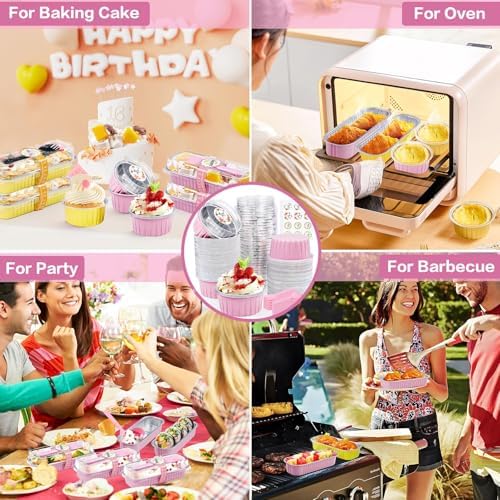 30Pcs Mini Cake Pans with Lids Aluminum Foil, ZOXILEN 5oz Disposable Mini Loaf pans with Lids and Spoons, Small Baking Cups Pie Tins Muffin Pan Cheesecake Containers for Party Pink Round - Image 6