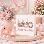 Pink Christmas Decor, Christmas Decorations Indoor, Coquette Bow Xmas Tree Santa Claus Gingerbread Sign Gift for Women Friends, Rustic Wooden Box Sign for Home Office Bedroom Desk Decor 5x5 Inches - Image 3