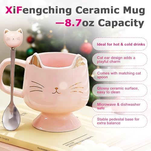 Christmas Mugs High-Footed Ceramic Cat Mug – 13.5oz Unique Coffee Cup with kitty Expression Design, Fun Gift for Women, Girls, Kids, Cat Lovers (pink) - Image 4