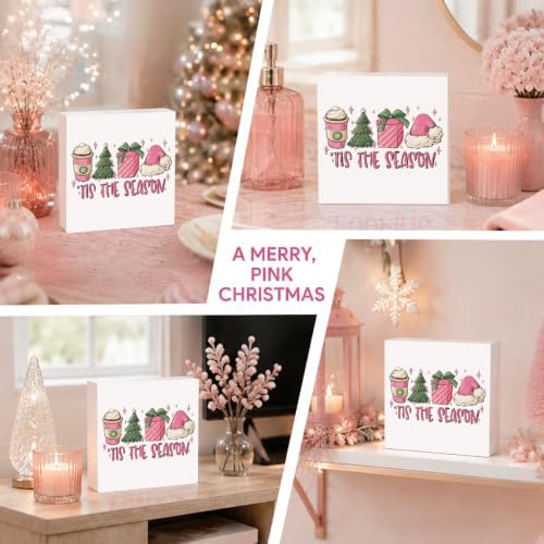 Pink Christmas Decor, Pink Christmas Bathroom Decor, Girly Decoration, Wooden Box Sign Winter Latte Santa Presents Tree Coffee Home Bedroom Desk Decoration - Image 5
