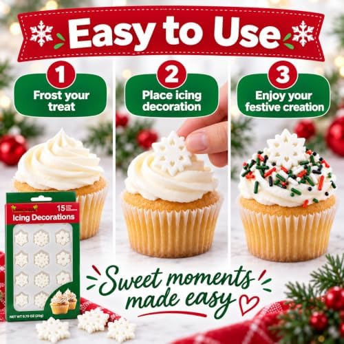Oasis Supply Christmas Snowflake Edible Icing Decorations – 15 Count – White Winter Cake & Cupcake Toppers for Cookies, Cakes, Cupcakes & Holiday Desserts - Image 3