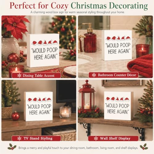Christmas Bathroom Decor, Funny Christmas Decorations, Santa Hat Bathroom Table Decoration Would Poop Here Again Wooden Box Sign, Home Shelf Desk Decor for Toilet 5x5 Inches - Image 5