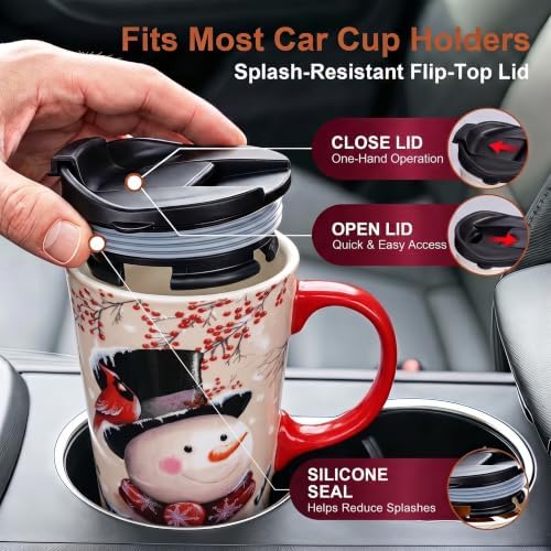 Topadorn Christmas Ceramic Travel Mug with Lid, 17 oz, Snowman & Cardinal - Image 6