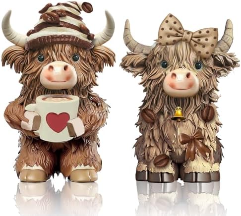 2 Pack Resin Highland Cow Figurine Gifts, Coffee Theme Decor by Burbell