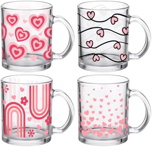 Bokon 4 Pcs Valentine Coffee Mugs with Handle, 12 oz, Heart Flower by Bokon