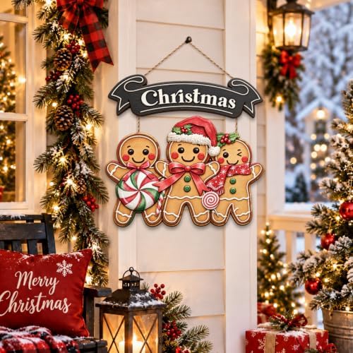 Gingerbread Christmas Decorations Welcome Wreath Wooden Front Door Sign - Image 4