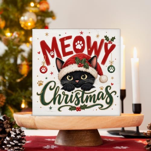 Black Cat Christmas Decor, Meowy Christmas Wooden Sign, Happy Holiday Decor - Image 3