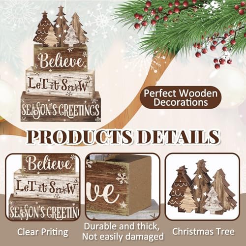 Moucuny 4 Pcs Christmas Tree Table Decorations Wooden Farmhouse Block Signs - Image 3