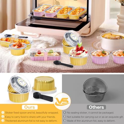 30Pcs Mini Cake Pans with Lids Aluminum Foil, ZOXILEN 5oz Disposable Mini Loaf pans with Lids Spoons, Round Small Baking Cups Pie Tins Cheesecake Containers for Party Gold - Image 4