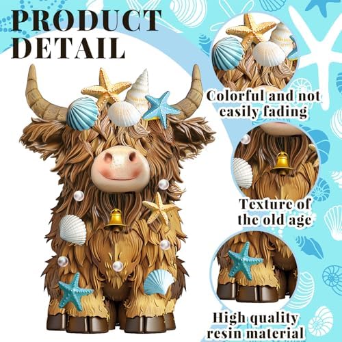 2 Pcs Coastal Highland Cow Figurines Decor, Beach Ocean Style - Image 4