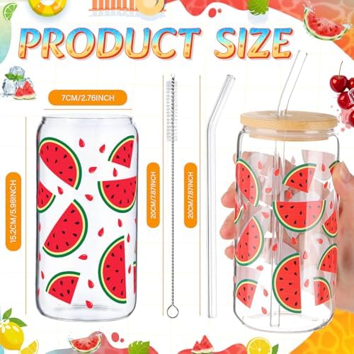 Vesici 6 Set Watermelon Glass Cups 16 oz Summer Drinking Tumbler with Lid Straw and Stopper Can Shaped Beer Iced Coffee Cup Appreciation Gifts with Cards and Bow for Summer Party Favor Decorations - Image 2