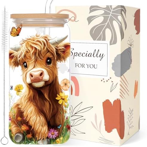Highland Cow Gifts Women 16oz Drinking Glass Cups with Lid Straws by Shejdgart