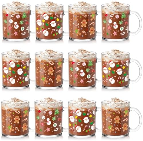 Vesici 12 Set Christmas Glass Mugs 12oz Classic with Handle by Vesici