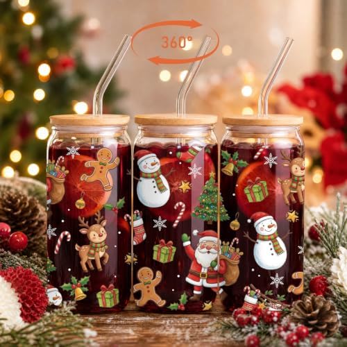 Christmas Glass Cups with Lid and Straw Xmas Winter Holiday Gifts - Image 3