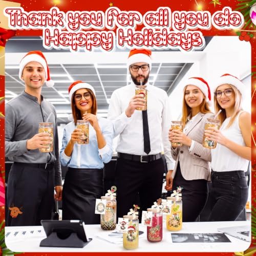 Vesici 6 Set Christmas Glasses Cups 16 oz Xmas Drink Cup with Lid Straw and Stopper Can Shaped Beer Tumbler Christmas Appreciation Gifts with Cards and Bow for Women Birthday Party Favor(Vintage) - Image 6
