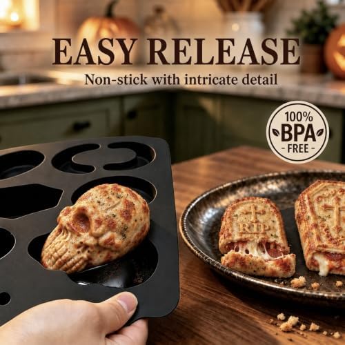 HKNMTT Skull Cake Pizza Pan 6 Spooky Shapes Halloween Silicone Baking Mold - Image 2