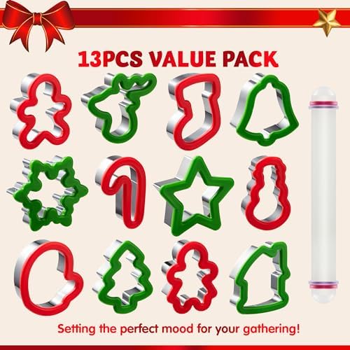 JOYIN 13 PCS Christmas Cookie Cutters in Stainless Steel with 3.5í plus Grip and a Rolling Pin for Xmas Holiday Party Baking Supplies, Snowflake, Gingerbread Cookies Mold and Baking Gift - Image 2