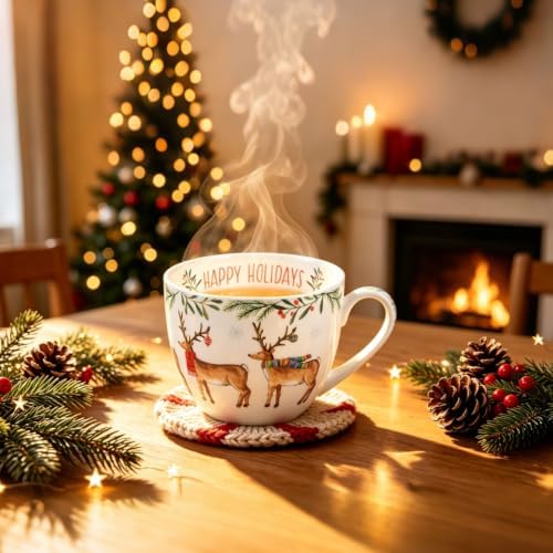 Christmas Reindeer Mug – 20oz Bone China Coffee Tea Hug Mug with Happy Holidays Inside, Perfect Christmas or Any Holiday Gift for Women & Men – Designed in England by Harvest Green Studio - Image 6