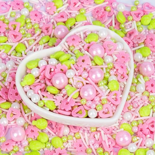 Edible Sprinkles for Cake Decorations,Pink White Pearls and Jimmies,Heart and Flowers,Bright Green Balloons Sprinkle Mix,Spring Candy Sprinkles for Cakes,Cupcakes,Dessert Tables & Party Favors,Food Grade Sugar Decorating for Brunch,Wedding Birthday & S... by Sugarzy