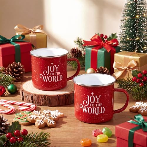 Willinglong 2 Pcs Joy to The World Christmas Mugs Gift 12 oz Enamel Cup - Image 4