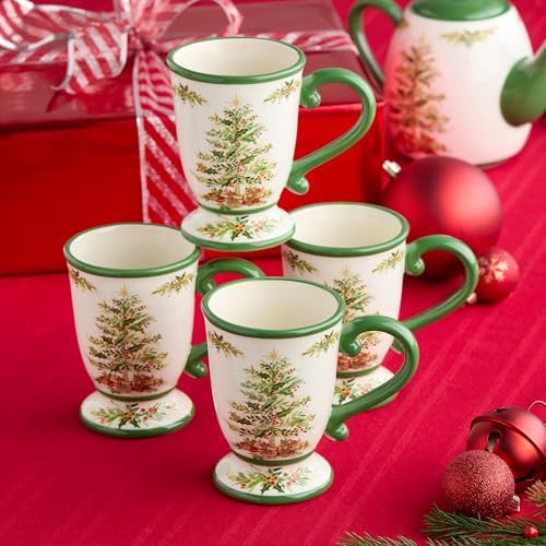 Holly Tree Christmas Mugs – Set of 4 16oz Ceramic Holiday Mugs with Classic Tree Design, Dishwasher Safe, Cozy Seasonal Drinkware for Coffee, Tea, and Cocoa - Image 4