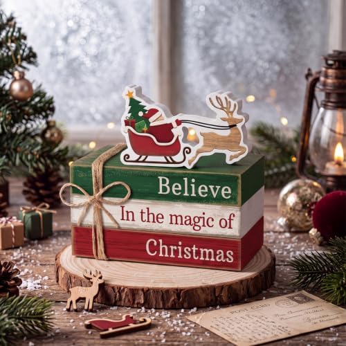 4 Pcs Christmas Table Decorations Reindeer Sleigh Wood Book Signs - Image 6