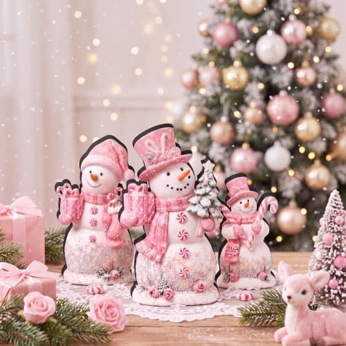 Suzile 3 Pcs Christmas Pink Candy Snowman Decoration Wooden Indoor Decor - Image 4