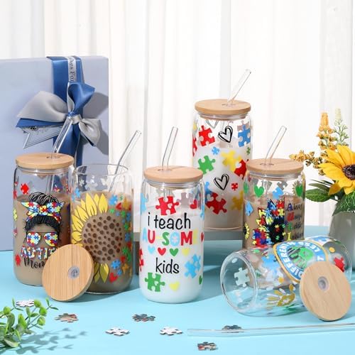 SiliFine Autism Teacher Appreciation Gifts, 6 Pcs Glass Cups with Lids - Image 2