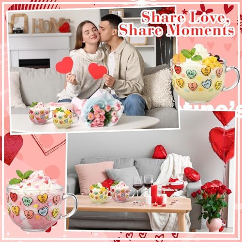 Sliner 6 Pcs Valentines Day Candy Heart Glass Coffee Mugs with Handle, 16 oz Clear Love Conversation Coffee Mugs Irish Glasses Cups for Valentine Gifts Beverages Latte Hot Chocolate(Conversation) - Image 5