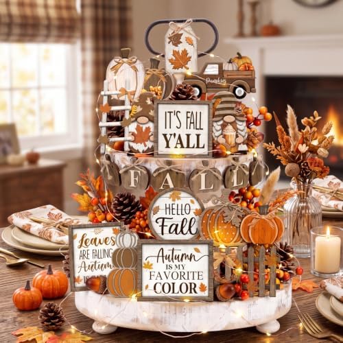 Shellwei 20 Pcs Thanksgiving Tiered Tray Decor Set, Fall Wooden Table Sign - Image 2
