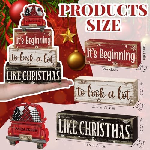 Moucuny 4 Pcs Christmas Truck Table Decor Wooden Farmhouse Block Signs - Image 2
