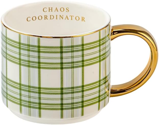 Sweet Water Decor Chaos Coordinator Coffee Mug, 14oz Fine Bone China Mug, Green Plaid Design with Gold Handle & Rim, Large Tea Cup for Hot & Cold Drinks, Gifts for Teachers, Co-Workers & Boss by SweetWaterDecor