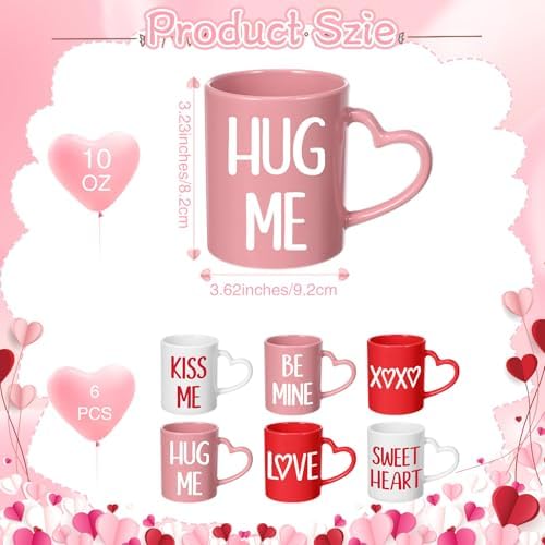 Valentines Coffee Mug Set of 6, 10 oz Valentines Mugs with Handle Pink Red White Ceramic Enamel Cups for Gift Party Supplies - Image 2