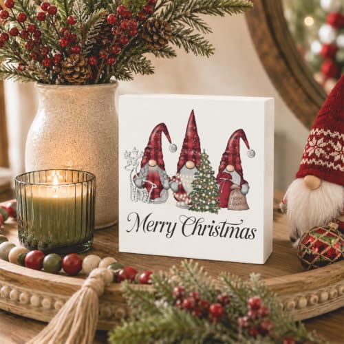Christmas Decorations, Christmas Gnomes Decorations Indoor, Red Glitter Xmas Tree Sign Gift for Women Friends, Rustic Wooden Box Sign for Home Shelf Office Bedroom Desk Decor 5x5 Inches - Image 3
