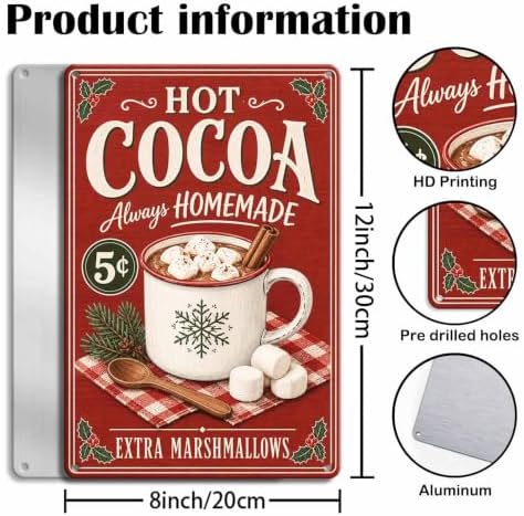 Hot Cocoa Sign, Christmas Kitchen Decor, Vintage Holiday Wall Art - Image 3