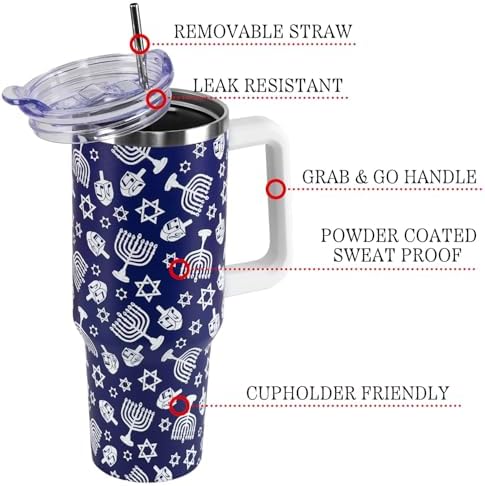 Hanukkah Tumbler with Handle and Straw Lid 40 oz,Cute Blue Merry Xmas Love & Light Gifts for Women Vacuum Insulated Leak Proof Tumbler,Winter Holiday Accessories Stainless Steel Coffee Cup Mug - Image 3