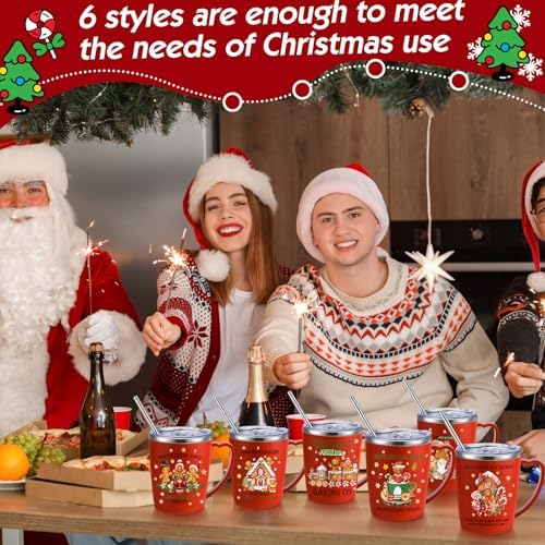 Didaey 6 Pcs Christmas Coffee Mugs Cups 11 oz Christmas Stainless Steel Tumbler Vacuum Insulated Coffee Cups with Handle Lid Straw Wine Mug for Winter Xmas Gift Holiday Party Supplies(Gingerbread Man) - Image 5