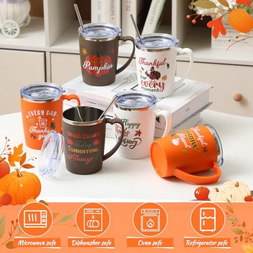 6 Pcs Thanksgiving Coffee Mugs Cups 16 Oz Fall Stainless Steel Insulated Tumblers Bulk with Handle Lid Straw Brushes Happy Thanksgiving Pumpkin Turkey Mugs Thankful Gifts for Party Birthday - Image 2