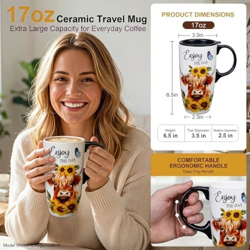 Topadorn 17oz Ceramic Travel Mug with Lid, Highland Cow Coffee Mug - Image 5