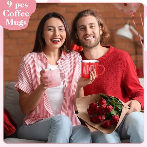 Mumufy 9 Pcs Valentine's Day Coffee Mugs 12 oz Valentine's Day Enamel Mug Romantic Coffee Mug Outdoor Camper Mug Kiss Love Sign Camping Tea Cup for Valentine's Day Party Campfire - Image 2