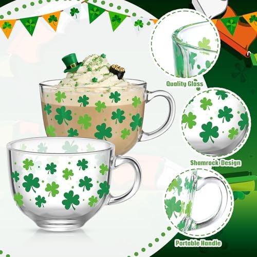 Sliner Set of 6 St Patrick's Day Glass Coffee Mugs with Handle, 16 oz Clear Irish Coffee Mugs Footed Irish Glasses Shamrock Glasses Winter Holiday Cups for Beverages Latte Hot Chocolate - Image 6
