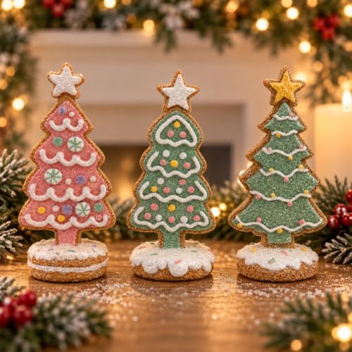 Set of 3 Faux Gingerbread Christmas Tree Trio Figurines - 5.1" Resin Sugared Fake Bake Cookie Trees - Pastel Pink & Green Candy Frosting Holiday Tabletop Decor for Tiered Trays, Kitchens & Mantels by iStatue