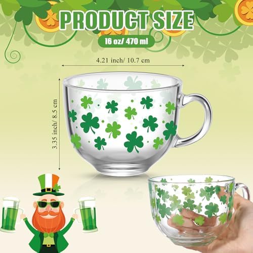 Sliner Set of 6 St Patrick's Day Glass Coffee Mugs with Handle, 16 oz Clear Irish Coffee Mugs Footed Irish Glasses Shamrock Glasses Winter Holiday Cups for Beverages Latte Hot Chocolate - Image 2