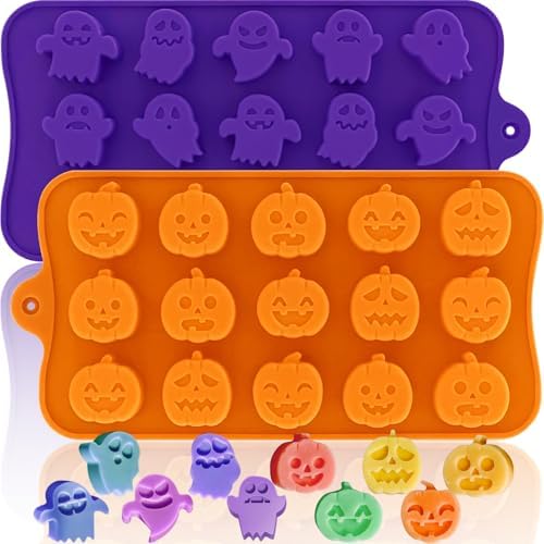 Pumpkin & Ghost Candy Silicone Molds for Halloween Small Chocolate, Wax Melts, Cake Decoration 15 Cavity Food Grade Bpa Free for Kids, Oven Safe DIY Homemade Mould Treat or Trick -2 PCS by HKNMTT