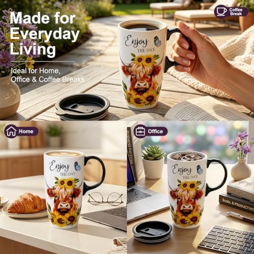 Topadorn 17oz Ceramic Travel Mug with Lid, Highland Cow Coffee Mug - Image 3
