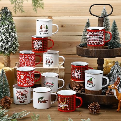 Christmas Enamel Mugs Set of 12, 12 oz Holiday Coffee Cups Gifts - Image 5