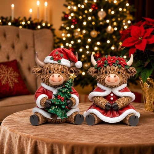 2 Pcs Christmas Highland Cow Figurines, Christmas Table Decor - Image 2