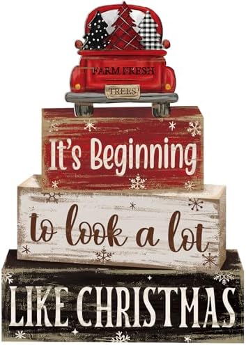 Moucuny 4 Pcs Christmas Truck Table Decor Wooden Farmhouse Block Signs by Moucuny